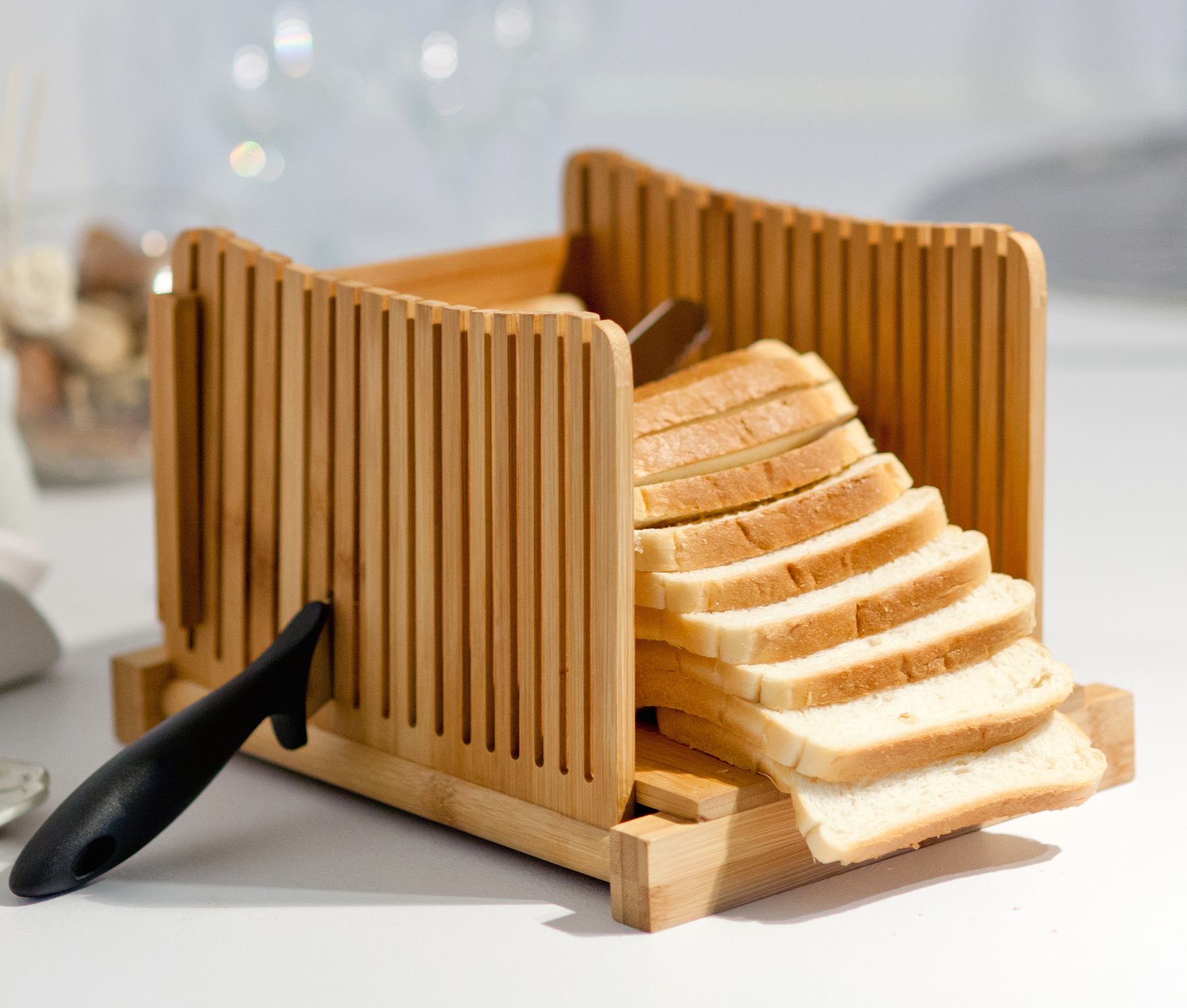 Kenley Bamboo Bread Slicer - Adjustable Foldable Cutter with Slicing